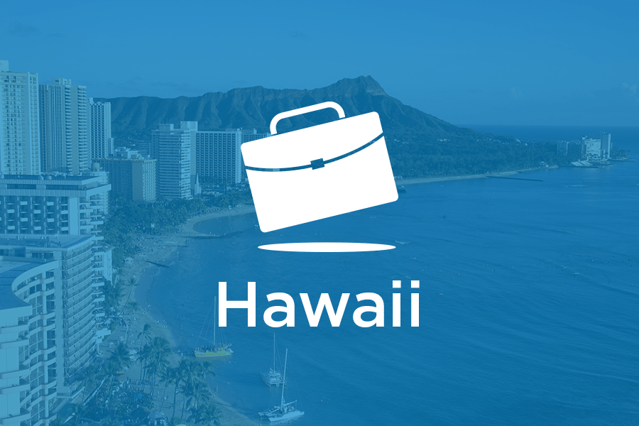 “夏威夷”这个词和一个蓝色背景的手提箱。