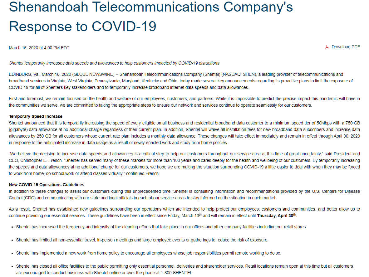 Shenandoah电信公司对COVID-19的回应文章
