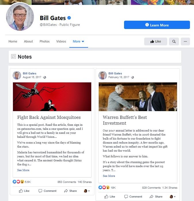 比尔·盖茨在Facebook上发表的两篇博客文章的例子