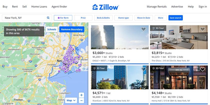 Zillow搜索纽约出租房源的结果。