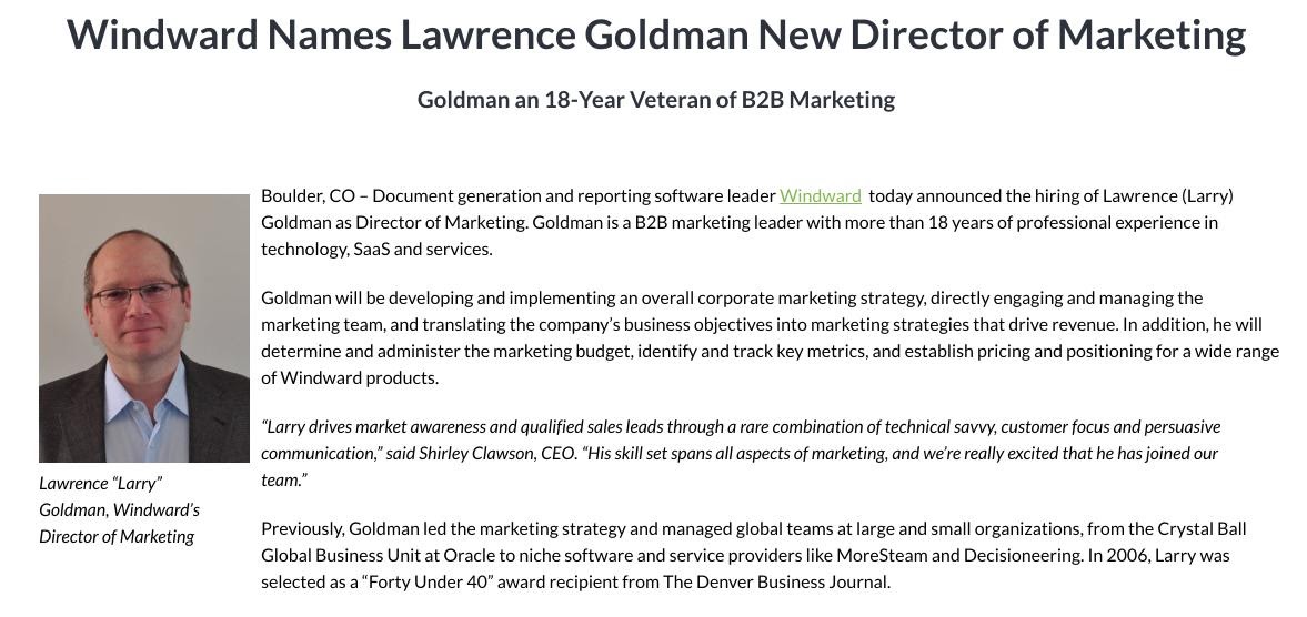 Lawrence Goldman担任Windward新晋营销总监新闻稿