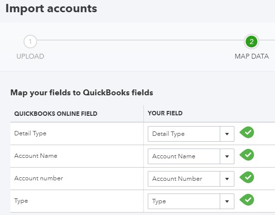 映射帐户数据导入到QuickBooks Online