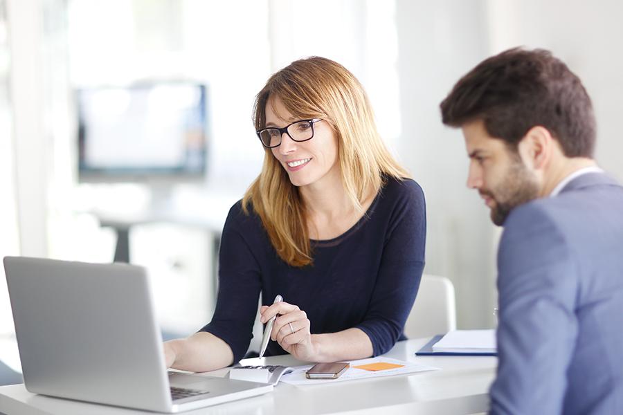 Businesswoman sitting at office in front of computer and consulting with young professional man.