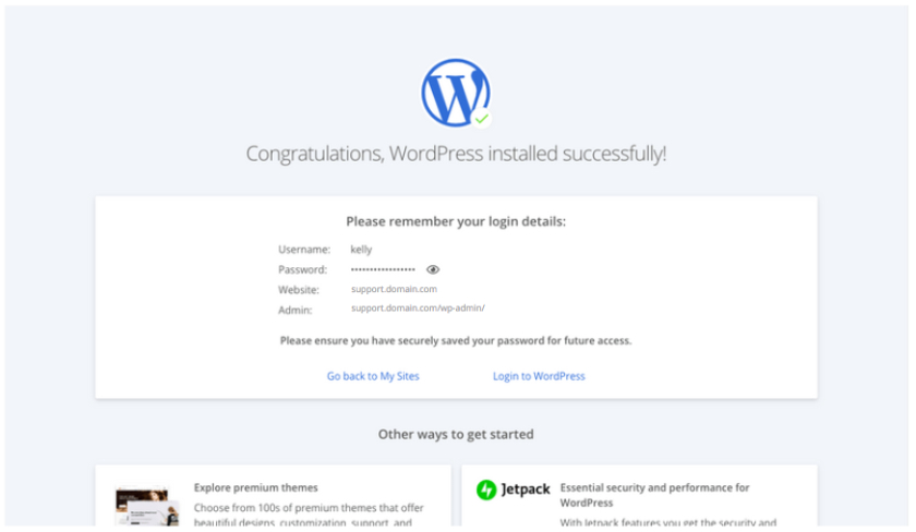 成功安装WordPress后的Bluehost祝贺页面。