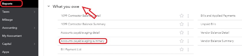 应付帐款老化报告在QuickBooks在线