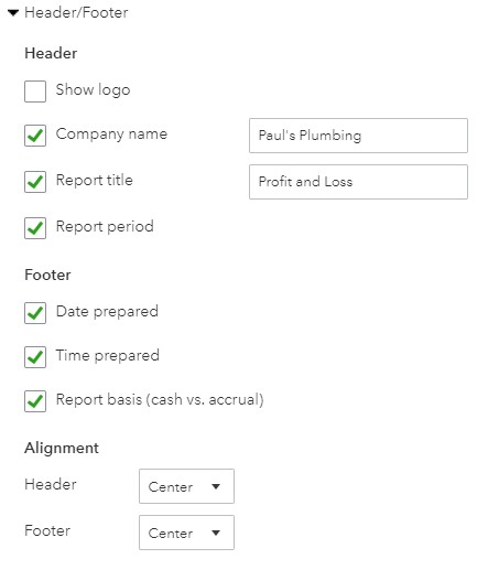在线QuickBooks中的页眉和页脚报告选项