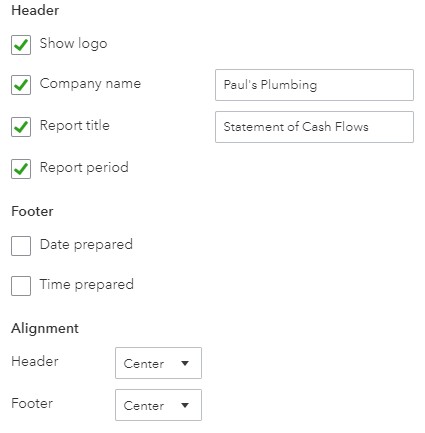 QuickBooks在线页眉和页脚选项
