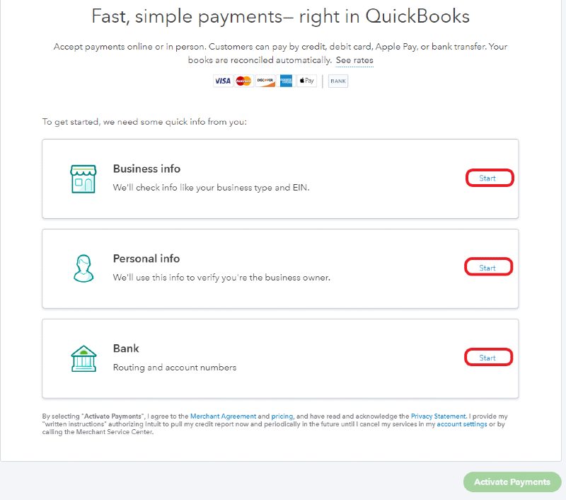 QuickBooks支付帐户应用程序