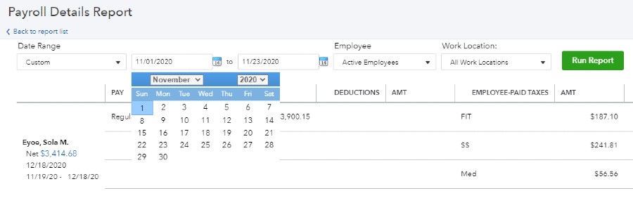 在QuickBooks上显示工资明细报告日期范围。