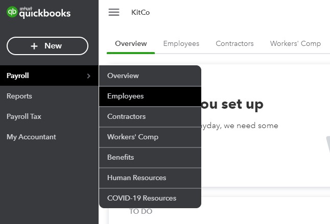 显示QuickBooks工资表雇员选项卡。