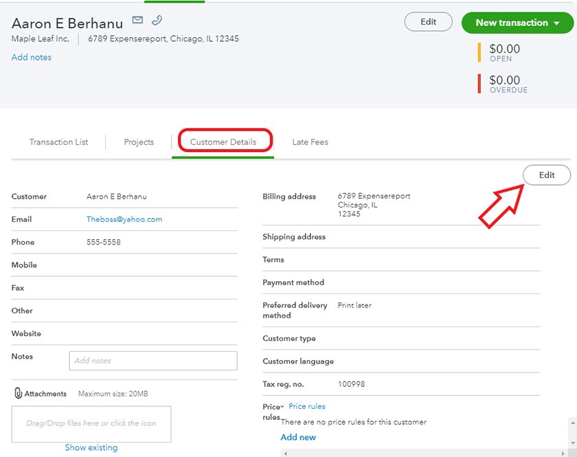 Quickbooks在线编辑客户信息截图
