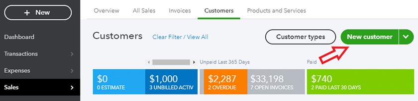 Quickbooks在线截图选择新客户