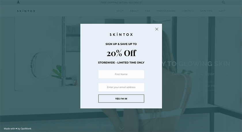 Skintox数字优惠券的一个网站弹出的例子。