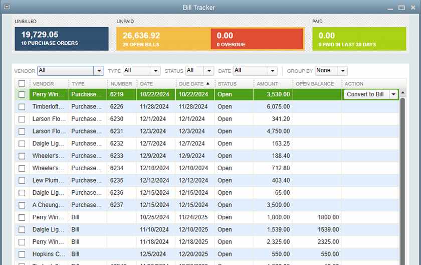 显示QuickBooks桌面Premier账单跟踪。