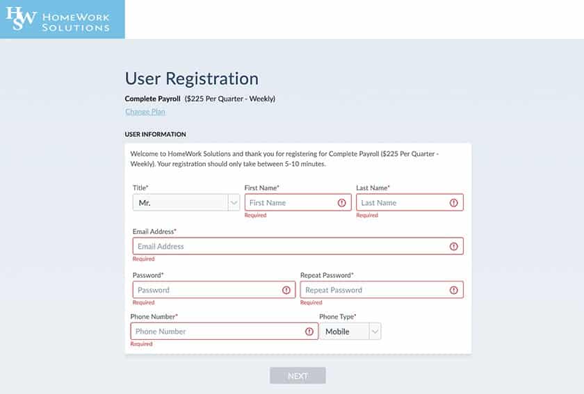 一个来自家庭作业解决方案的用户注册页面，用户可以在其中输入他们的信息。