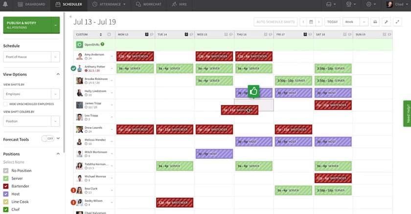 When I Work online schedule builder从7月1日到7月19日。