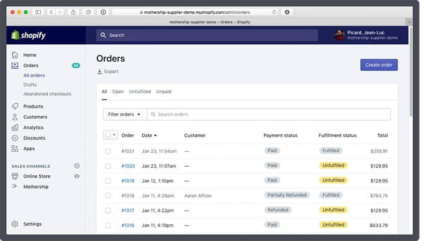 Shopify商店订单仪表盘截图