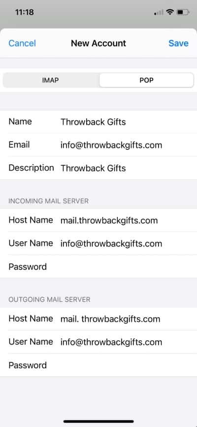 设置传入邮件服务器为POP服务器