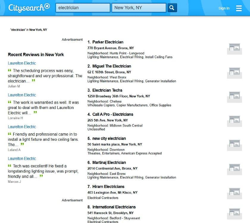 Citysearch搜索结果发现在纽约的电工