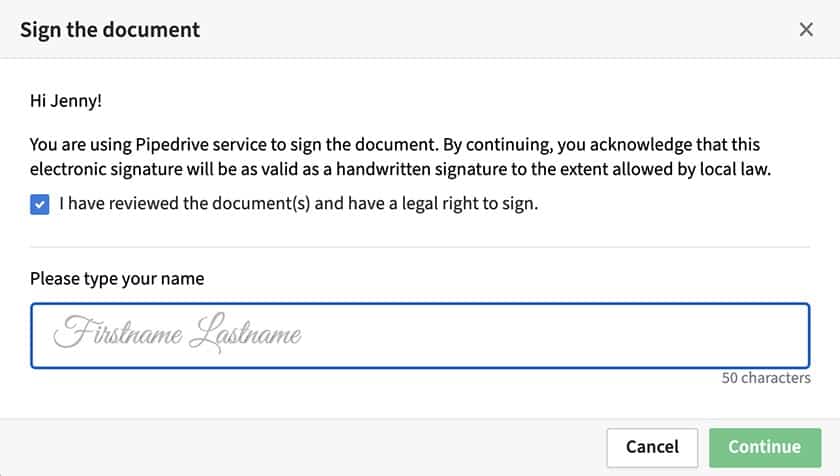 Pipedrive内置数字签名文档签名示例。