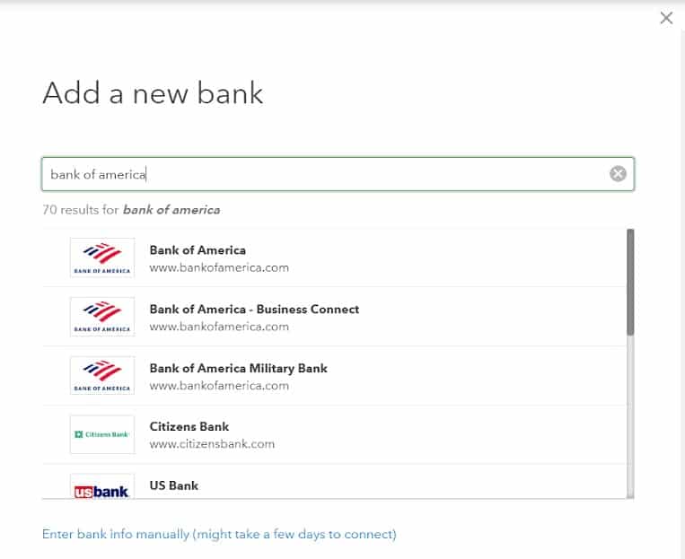 QuickBooks上不同银行机构列表的截图