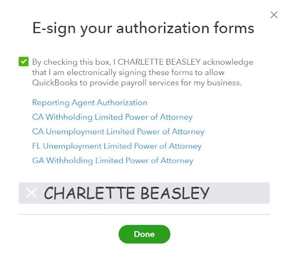 QuickBooks上电子签名授权表格的截图
