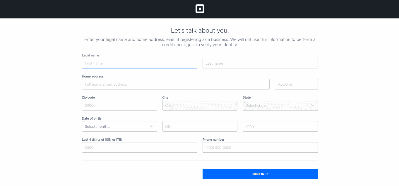 在Square中输入个人信息。