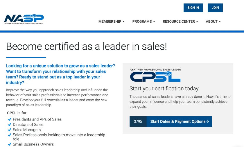 CPSL认证计划由全国销售专业人员协会提供