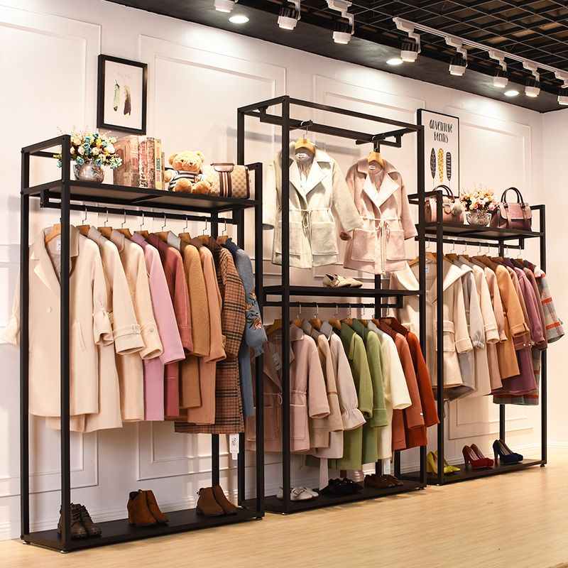 Clothing garment rack with shelves.