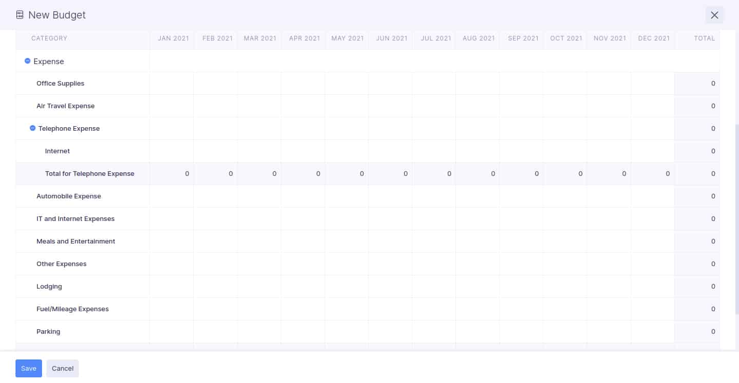 Zoho费用的预算屏幕，您可以添加新的预算日历。