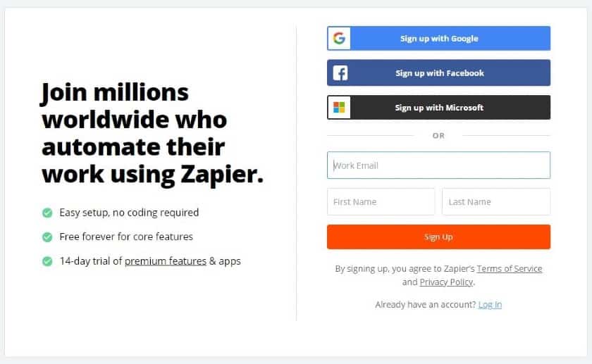 注册一个Zapier帐户的截图