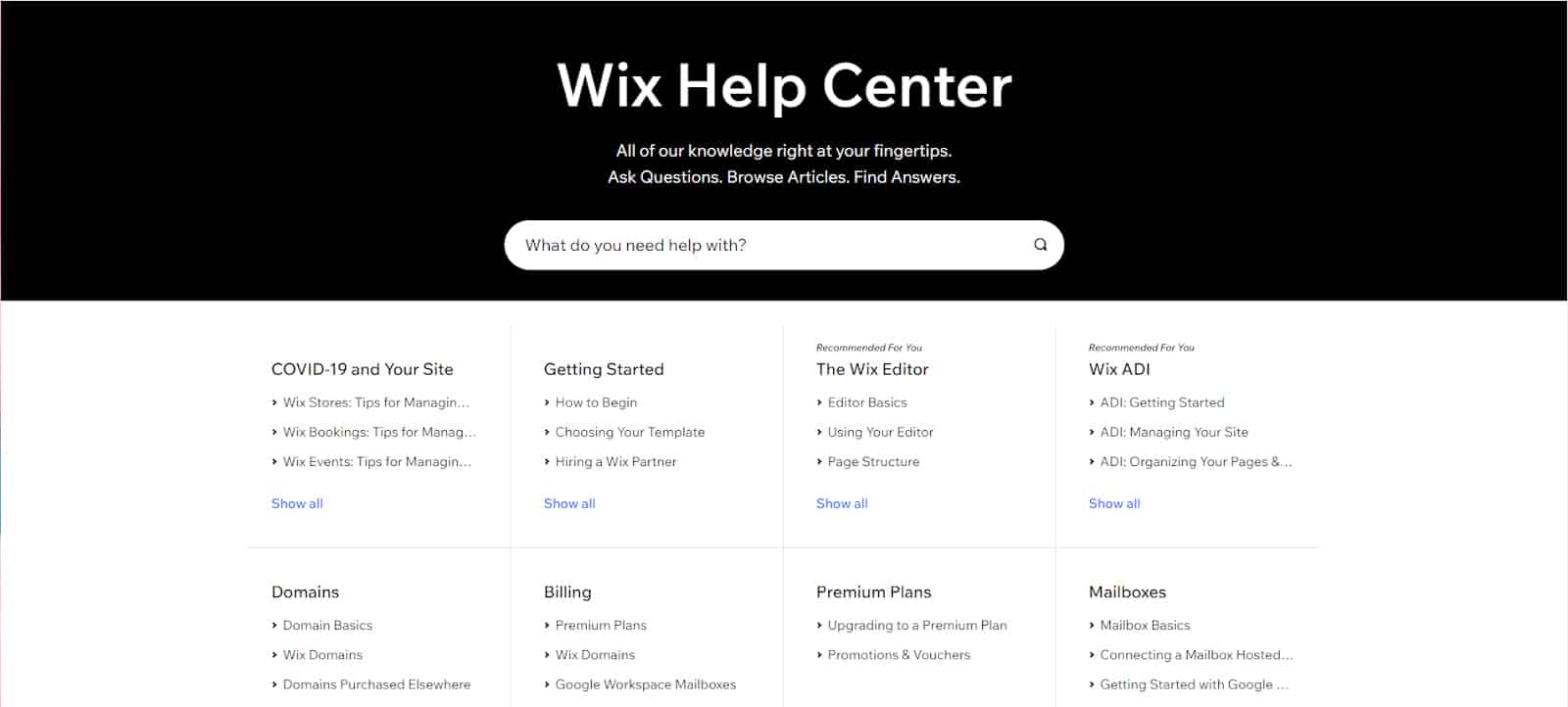 Wix帮助中心页面。