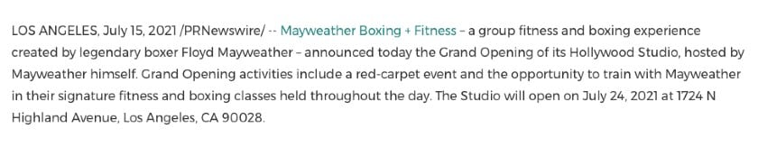 梅威瑟拳击+健身的盛大开幕新闻稿的例子