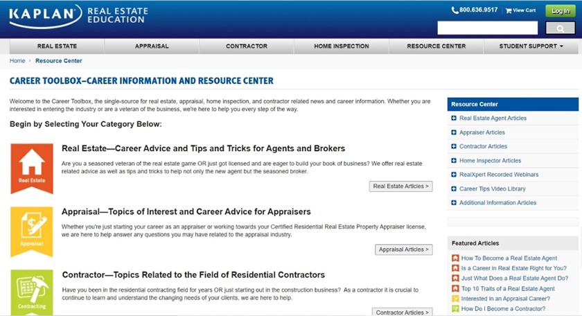 Screenshot of Kaplan's real estate career toolbox