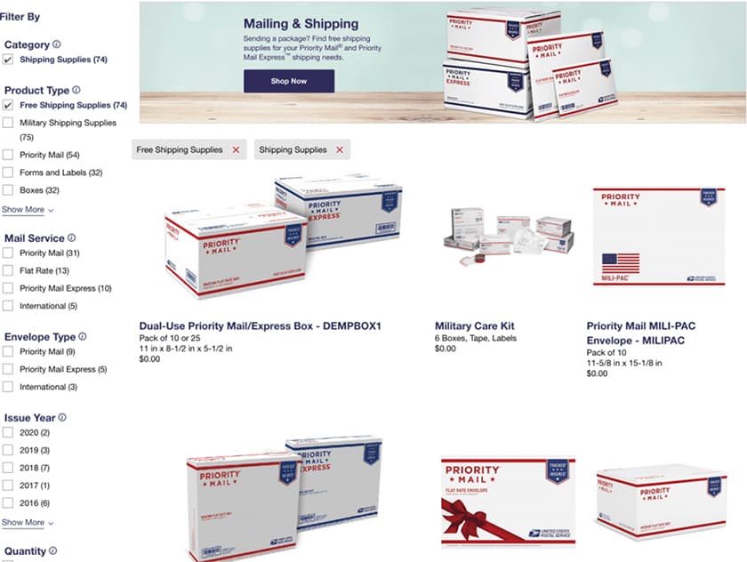 美国邮政网站商店截图