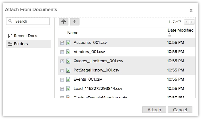 Zoho CRM文件夹共享和1GB存储分配的文档附件。