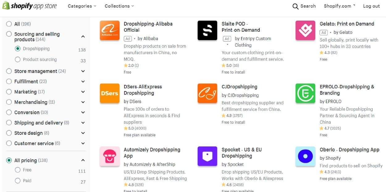 显示Shopify的应用商店dropshipping。