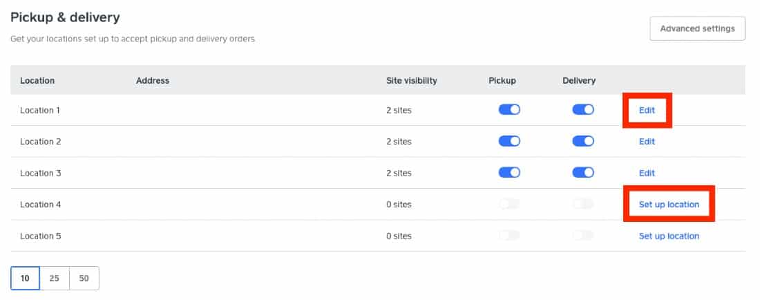 显示Square取货和配送。