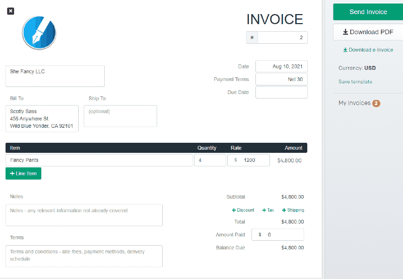 Creating an invoice in Invoice Generator