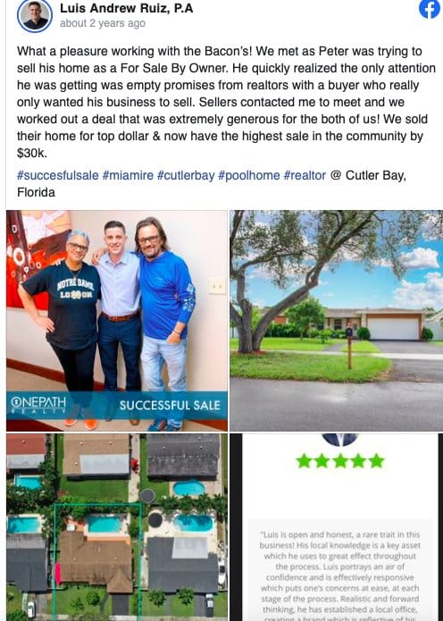 Facebook post for Client Success from Luis Andrew Ruiz