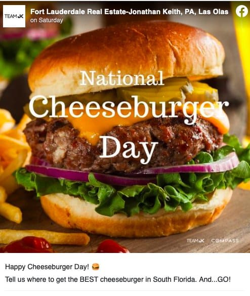 Facebook post from Jonathan Keith Celebrating National Cheeseburger Day