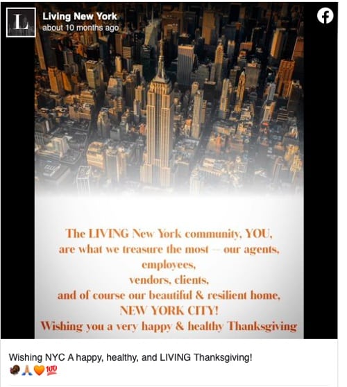 Facebook post from Living New York Celebrating Thanksgiving