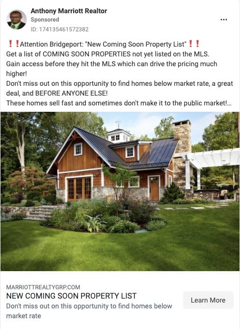 Facebook房乐鱼体育app官方地产广告的例子来自Anthony Marriott Realtor