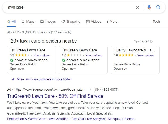 草坪护理谷歌搜索结果本地服务广告