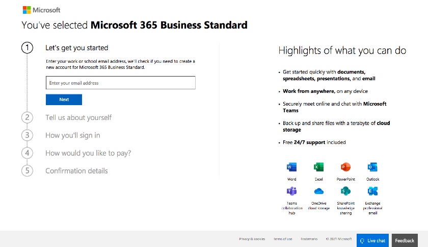 Microsoft 365商业标准帐户起始页