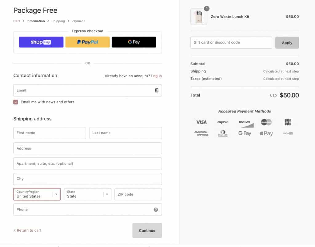一个流线型结帐页面的完美例子是使用Shopify商店的Package Free。