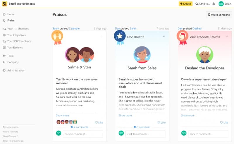 用表扬和徽章建立员工互动。(来源:小