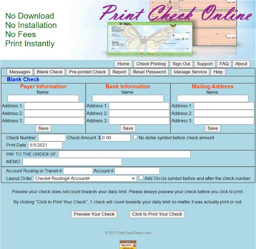 在线打印检查的支票打印仪表盘。