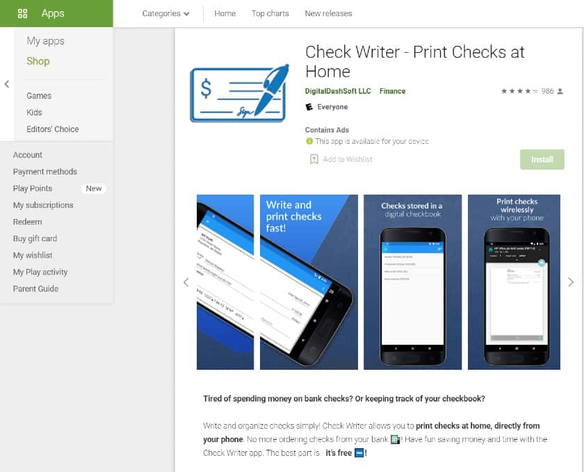 谷歌Play上的Check Writer应用程序。