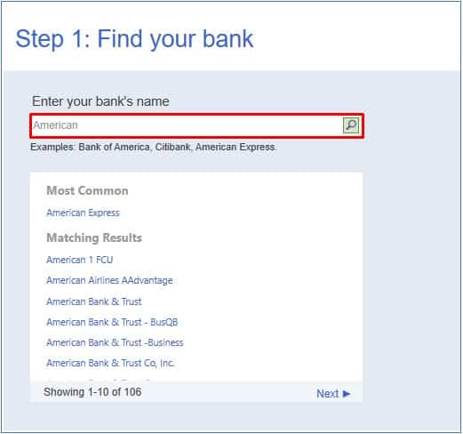 在QuickBooks桌面中输入您的银行名称